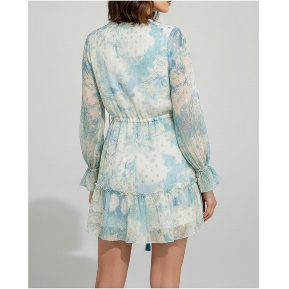HEMANT & NANDITA Kaiyo Long Sleeves Mini Dress, Turquoise Blue, Small - Picture 3 of 11